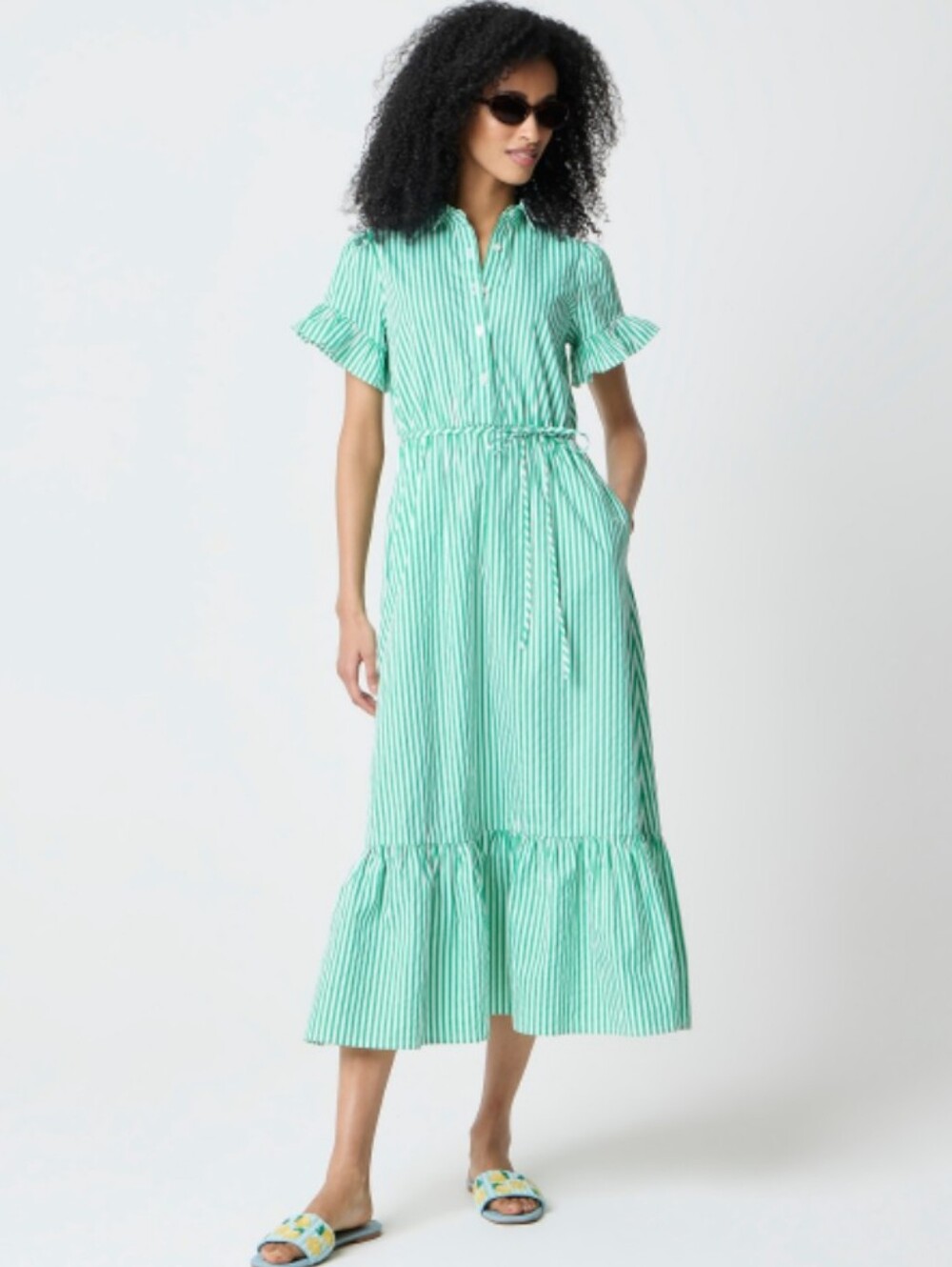 J Crew Factory Striped ruffle-sleeve shirt-dress CK549 Size 2 Green And White